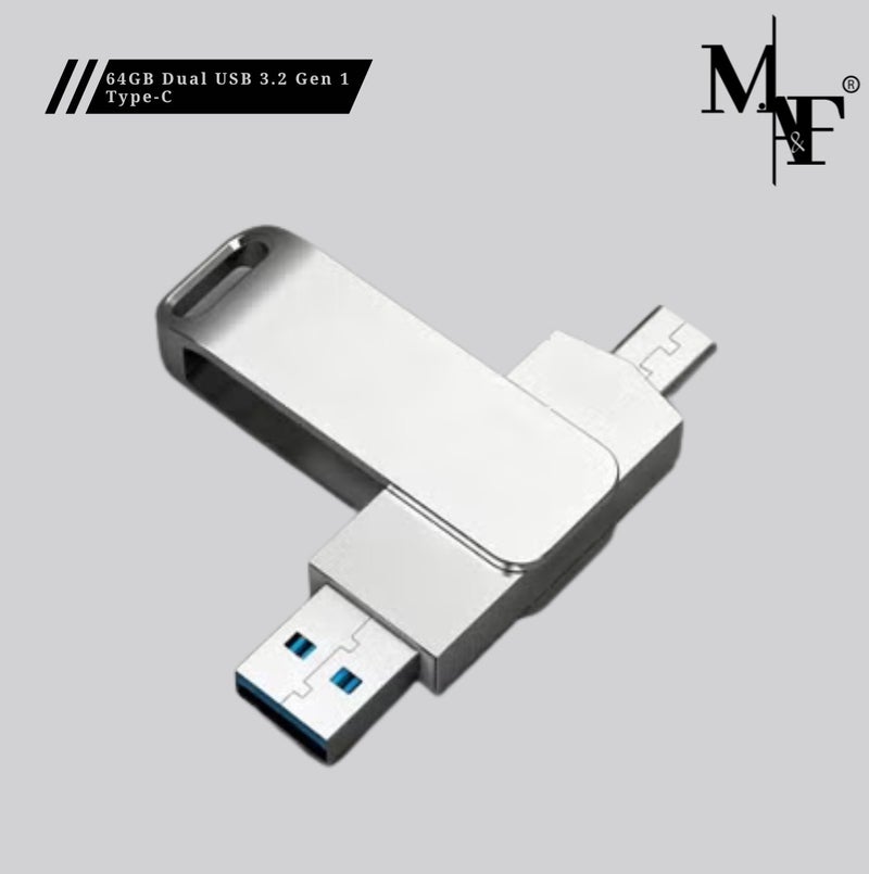 M.A&F's ذاكرة فلاش USB-C سعة 64 جيجابايت، ذاكرة مزدوجة المنفذ USB 3.1 OTG، نقل بيانات سريع يصل إلى 100 ميجابايت في الثانية، تصميم معدني أنيق، سلسلة مفاتيح محمولة، متوافقة مع أجهزة أندرويد و iOS - Image 1